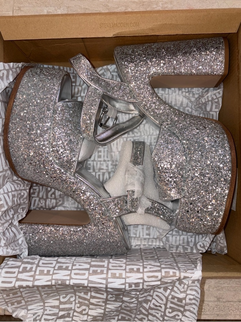 Steve Madden Silver Glitter Platform Sandals